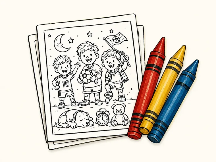A coloring-book page of three kids with a soccer ball, next to red, yellow, and blue crayons